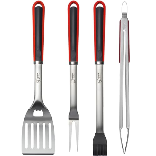 Double Two 4-Piece Stainless Steel BBQ Tool Set - Tong, Fork, Spatula, Brush - Utensils for Grill - Tools for Outdoor Grilling- BBQ Kits