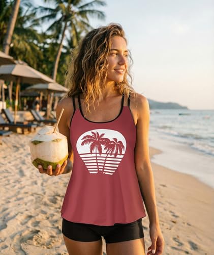 Stylish Swim Suits for Women Slimming Tankini Set Adjustable Straps 2 Piece Swimwear Tropical Hawaii Beach Pool Party Photoshoot Flattering Hides Belly Perfect for Vacation Brick Red Tree XXL