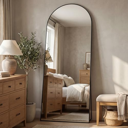 Image of Antok 71 inch x28 inch Arched Full Length Floor Mirror, Black Aluminum Frame, Free Standing /Wall Mount /Leaning for Bedroom, Living Room, Dressing Room
