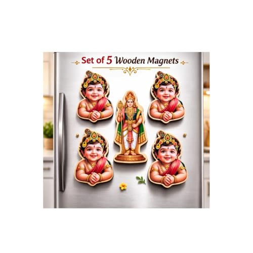 Image of Baby Murugan Fridge Magnet Set of 5 | Cute Wooden Murugan Magnet for Refrigerator, Cupboard & Locker | Hindu God Murugan Photo Magnet | Pooja Room Decor | Spiritual Gift Return Gift