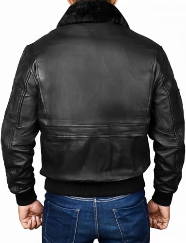 Mens G1 Aviator Pilot Removable Fur Collar Bomber Leather Jacket Black/Brown-Real/Faux4