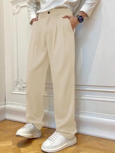 Image of Men's Relaxed Straight Leg Loose Fit Pleated Trousers | Mid-Rise Formal Pants with Zip Fly & Button Closure | Solid Regular Length Office Wear Trousers