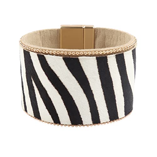 Riah Fashion Bohemian Animal Print Statement Bracelet - Boho Wrist Cuff Wrap Genuine Leather, Faux Leatherette Leopard Print Calf Hair, Magnetic Buckle Bangle (Wide Cuff Genuine Calf Hair - Zebra White) #TOP29