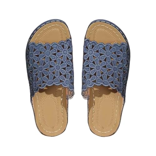 Pantuflas de mujer de cuero con plantilla de verano, zapatillas ortopédicas, sandalias de flores, sandalias de suela suave, sandalias cómodas con punta de pico, zapatos de verano, transpirables y