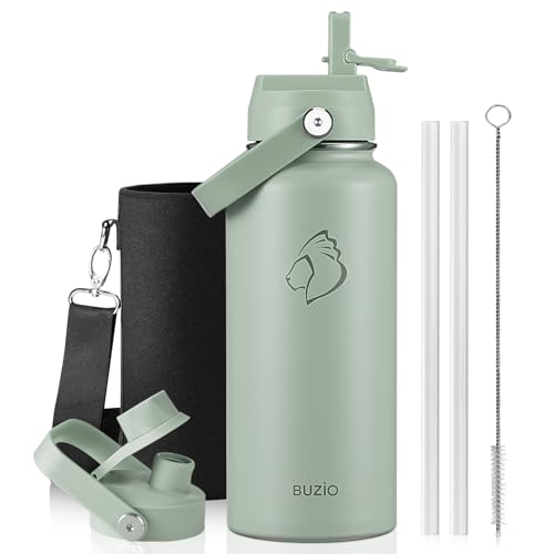 BUZIO 32 oz Water Bottle Insulated, Leakproof Stainless Steel Flask (Cold for 48 Hrs), Wide Mouth BPA-Free Metal Thermo Hydro Canteen with 2 Lids, Sage Green
