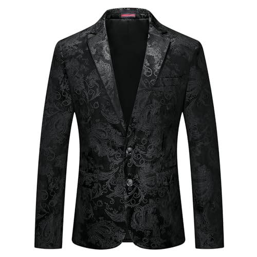 KUDORO Mens Floral Suit Jacket Black Dress Tuxedo Slim Fit Two Button Sports Coats Blazer for Dinner Party Prom X-Large