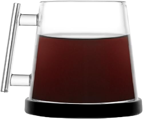 Pure Over Taza de vidrio de borosilicato con capacidad para 14 onzas, incluye posavasos de cerámica, diseño moderno con mango ergonómico, perfecta