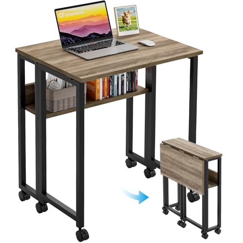 GreenForest Kleiner Schreibtisch Klappbar, 63 cm Klappschreibtisch mit Rollen, Einfache Montage Klappbarer Schreibtisch mit Stauraum, Home Office, Klapptisch, Sandeiche