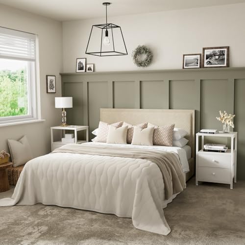Image of BOLUO White Nightstand with Charging Station, LED Night Stand with 2 Fabric Drawers, Bedside Table with USB Ports and Outlets, Nightstand for Bedroom Modern
