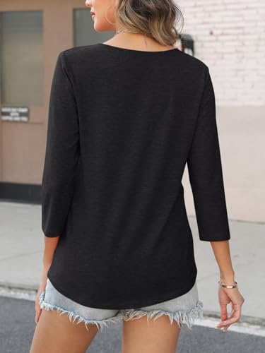 Women's 3/4 Length Sleeve Tops Square V Notched Neck Shirts Casual Summer Blouses4