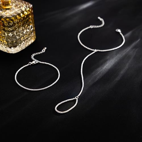Image of Hand Chain Bracelet for Women Trendy, Dainty Silver Beaded Finger Ring Bracelet Non Tarnish Minimalist Adjustable Simple Cute Silver Bracelets Waterproof Fashion Jewelry