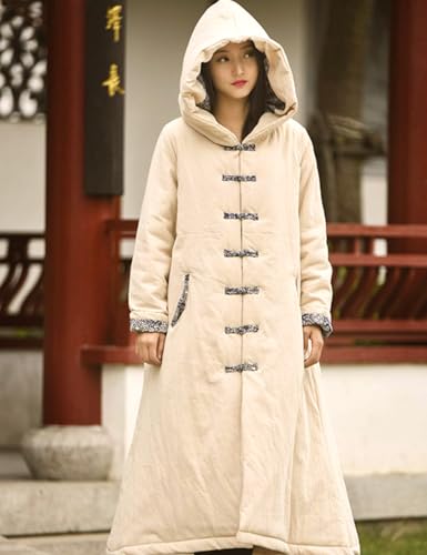 LUZU JUNU Women's Warm Cotton Coat Hooded Contrast Color Handmade Frog Buttons Retro Witch Long Outerwea3