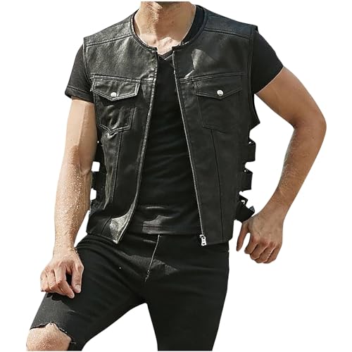XUNRYAN Mens Faux-Leather Motorcycle Vest Sleeveless Casual Western Cowboy Vintage Riding Biker Vests w Pockets Winter Coat