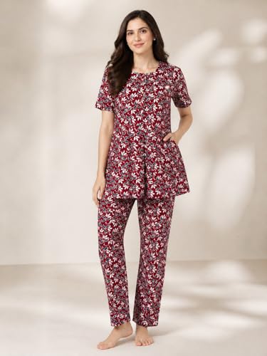 Image of KIAWAH Women Printed Night Suit Set, Cotton Blend Night Suit, A-Line Top and Pajama Set, Soft and Breathable Night Wear