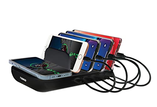 Naxa NAP-5002 6-in-1 Wireless Charging Station with Qi 10W Wireless, USB-A, and USB-C for Phones and Electronics, Black