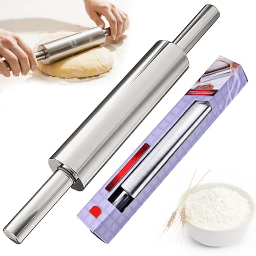 Nudelholz aus Edelstahl, Nudelholz Edelstahl mit Griff, Antihaft Metall-Teigroller 43 Cm, Backzubehör Rolling Pin für Pizza, Teig, Cookies, Gebäck, Fondant, Nudelteig, Maschinenwaschbar, Wartungsfrei