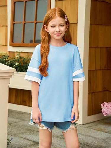 Image of Girls Oversized T Shirts Kids Summer Striped Short Sleeve Tops Casual Crewneck Tees 5-14 Years