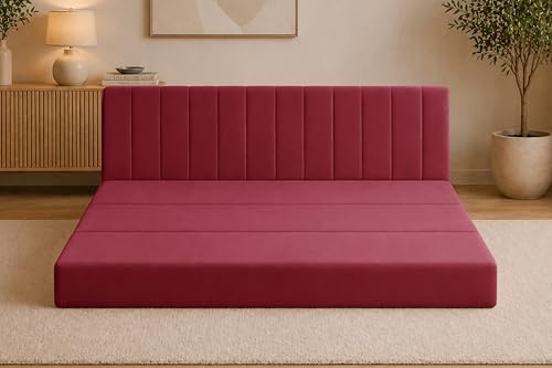 Image of Modern Velvet 3-Seater Sofa Cum Bed, Convertible Sleeper Couch Sofa for Living Room, Bedroom & Office-Red