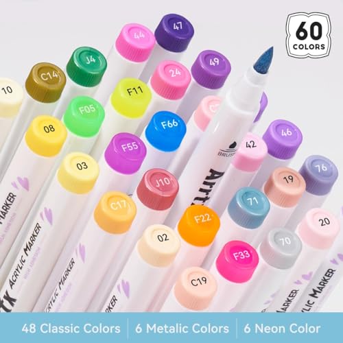 Image of Arrtx 60 Colors Acrylic Paint Pens, Markers Paint Pens, Brush Tip for Rock Painting, Wood, Canvas, Stone, Ceramic, DIY Crafts Making Art Supplies-with Neon & Metallic & Regular Color-60A