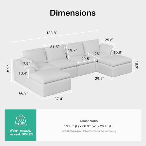 Image of Novilla 133.8 inch Modular Cloud Couch, Modern Sectional Sofa with Smarts Coil Support, Chenille Fabric, Upholstered Couch for Living Room Apartments Bedroom, No Assembly, 4 Seater + 2 Ottoman, White