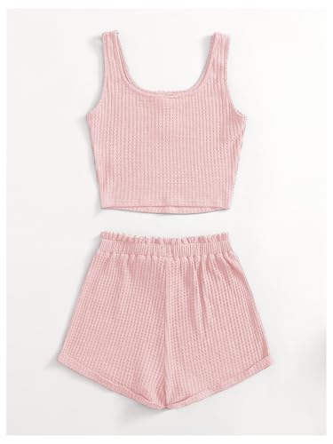 Image of RoseSeek Girl's 2 Piece Outfits Waffle Knit Scoop Neck Button Down Crop Tank Tops Paperbag Waist Track Shorts