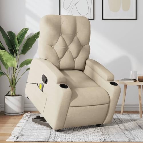 KTHLBRH Silla de Masaje Reclinable Eléctrica con Elevación y Función de Vibración, 6 Puntos de Masaje, Inclinación Manual de 135 Grados, Tela Color Crema, Portavasos y Bolsillo