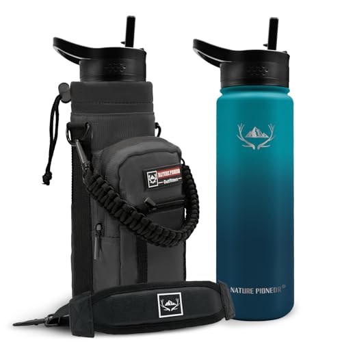 Image of NATURE PIONEOR 24 oz Insulated Water Bottle with Carrier Bag & 3 Lids