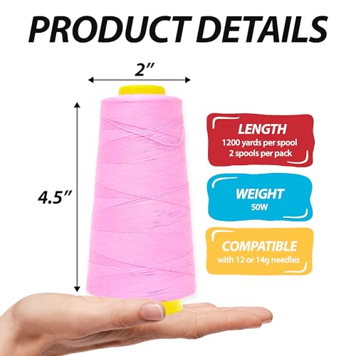 Image of Mandala Crafts Pink Thread Cones for Machine and Hand Quilting - 2400 Yds 50 WT Multiple Purpose Mercerized 100% Cotton Threads for Sewing Machine Serger Embroidery