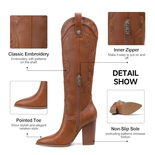 Image of VOMIRA Knee High Cowboy Boots for Women Pointed Toe Chunky High Heels Pull-on Embroidered Boots Western Boots Wide Calf Cowgirl Boots