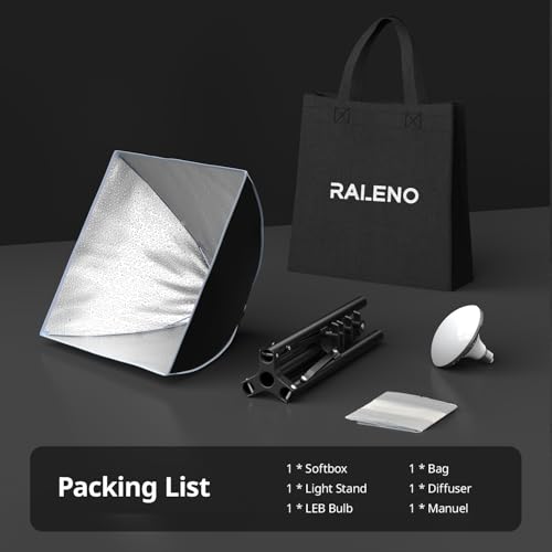 RALENO Softbox Fotostudio Set, 40 x 40 cm Fotolicht mit Stativ und LED Glühbirne (50W, 5500K, 97 CRI), Fotolampe für Porträtfotografie, Game-Streaming, YouTube-Videofotografie