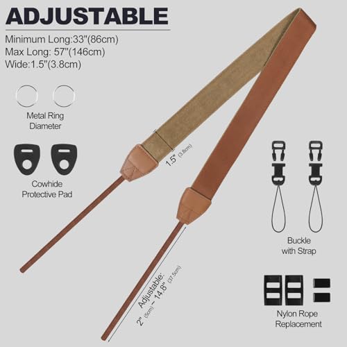 Image of Universal Camera Strap - Camera Neck Strap, Adjustable Shoulder Straps Compatible with Canon, Fujifilm, Nikon, Olympus, Panasonic and other SLR and mirrorless cameras - Khaki and Brown