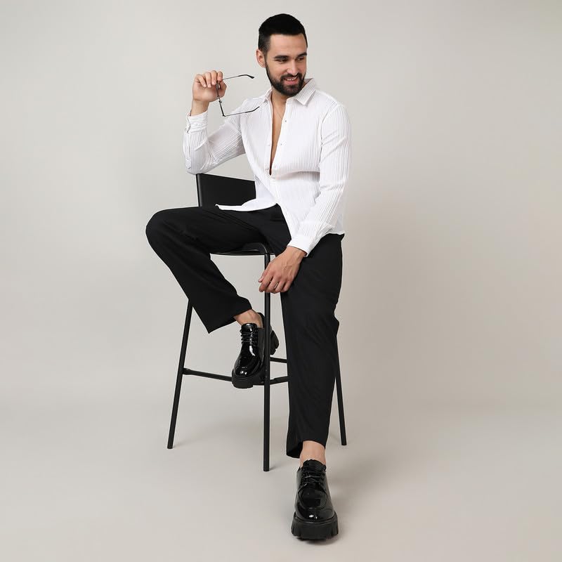 Image of CAHOOT Men's Self-Design Striped Shirt for Casual Wear | Spread Collar | Long Sleeve | Button Closure | Shirt Crafted with Comfort Fit for Everyday Wear