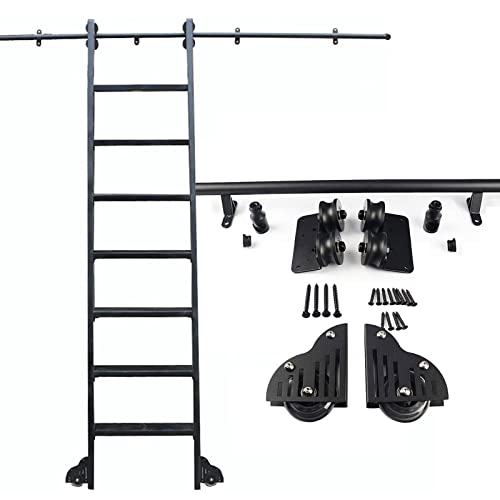 KLGFBDC Kit de herrajes para Escalera de Biblioteca móvil Negra de 6 Metros (20 pies) con Sistema de riel Deslizante de Acero y Ruedas Ajustables para escaleras móviles. Ideal para Uso Dom