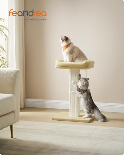 Feandrea Cat Scratching Post, Cat Tree with 40 x 30 cm Plush Perch, 71 cm Tall Scratch Post, Woven Sisal, 45 x 40 cm Base, Pompom, Beige - Image 2