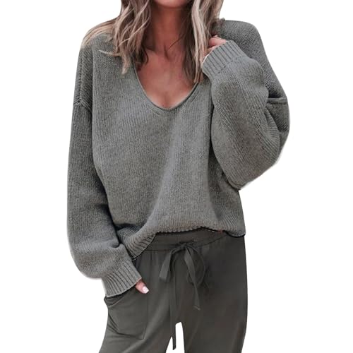 Suéter de punto para mujer, ligero, de forro polar, cálido, a rayas, de manga larga, cuello redondo, para otoño e invierno, sudadera de forro polar casual liso, gris oscuro, S