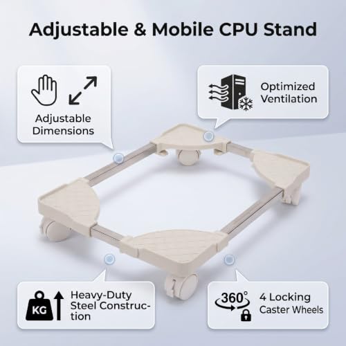 Soporte para torre de computadora CPU, ajustable con 4 ruedas con freno, ventilado (Blanco tamaño ajustable universal con ruedas de freno) miniatura 7