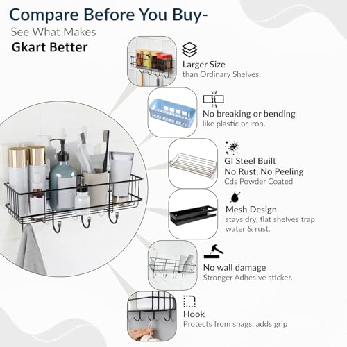 Wall Mounted Storage Shelf, Stainless Iron Coating, 4 Hooks, Self-Adhesive Installation, Black, (Pack of 2) - Image 5