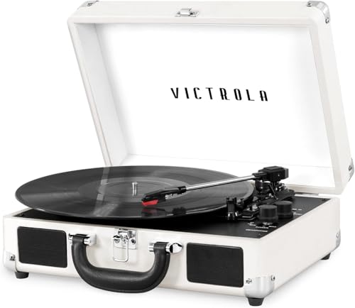 Victrola Journey+ Vintage 3-Speed Bluetooth Portable Suitcase Record Player with Built-in Speakers | Upgraded Turntable Audio Sound| Includes Extra Stylus | White/Silver