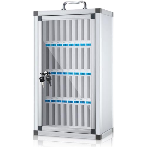 LVRUIEDS Almacenamiento para teléfono móvil, caja de almacenamiento personal con 12/15/20/25/30/40 ranuras, armario transparente para teléfono móvil con cerradura, armario de almacenamiento para