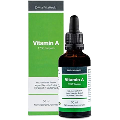 Vitamin A Tropfen von EXVital Vitahealth - 5000 I.E (1500 µg) pro Tagesdosis, 50 Ml= 1700 Tropfen, laborgeprüft, hochdosiertes Retinol - Vegan - Vitamin A flüssig Liquid Cover
