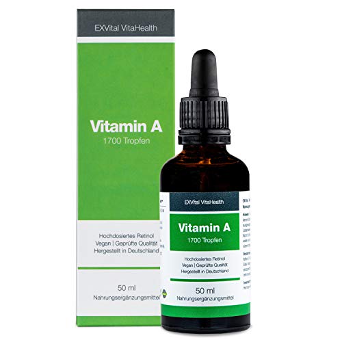 Vitamin A Tropfen von EXVital Vitahealth - 5000 I.E (1500 µg) pro Tagesdosis, 50 Ml= 1700 Tropfen, laborgeprüft, hochdosiertes Retinol - Vegan - Vitamin A flüssig Liquid Cover