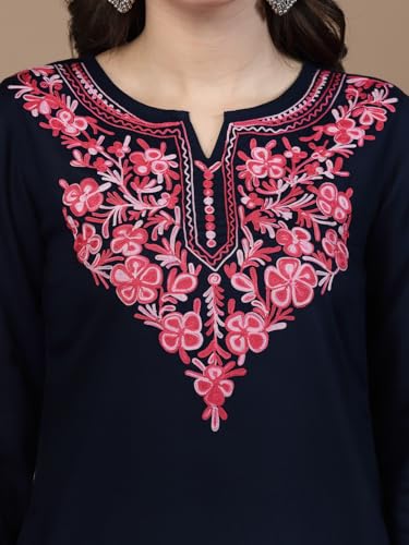 Image of QAZMI Women's Naila Kashmiri Aari Embroidered Viscose Rayon Full Sleeves A-Line Short Kurti