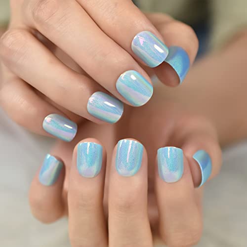 Echiq Light Blue Laser Press On Nails, Mirror Like Fake Nails, Metallic Short Medium Squoval, Square Cute Acrylic Full Cover False Nails, Daily Date For Women Girls Faux Ongles 24 Pcs/Kit #TOP1