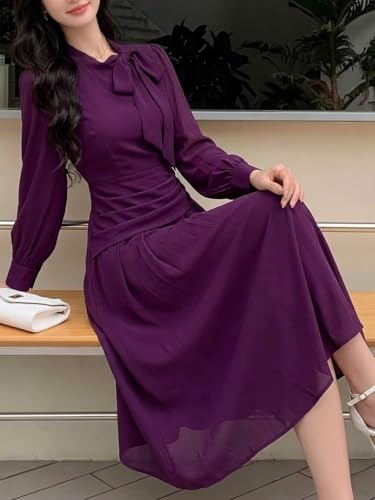 Image of SMOWKLY Women Elegant Midi Dress | Long Sleeve Fit & Flare Dress Western Dress for Women | Office, Evening, Casual & Occasion Wear