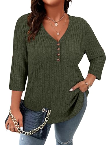 Image of Koscacy Women Plus Size V Neck 3 /4 Roll Sleeve Sweater Casual Knit Tops Solid Color Blouses