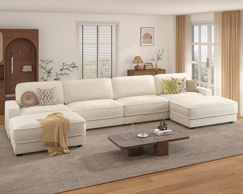 Vipbear 160" Oversized Modular Sectional Sofa, U Shaped Couch Set with 2 Pillows, 6 Seat Comfy Cloud Couches with 2 Movable Ottomans for Living Room, Bedroom and Apartment, Chenille Beige