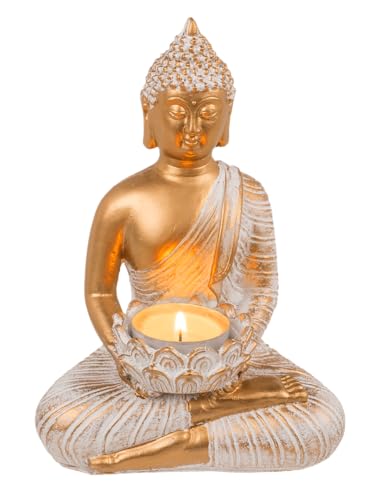 Miniatura 2 de Out Of The Blue Figura Decorativa De Buda Con Portavelas, Aprox. 13,5 X 9 X 19,5 Cm, Polirresina, En Caja De Regalo, Color Dorado