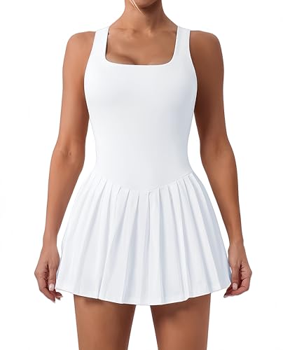Womens Tennis Golf Dress with Built in Bra Shorts Square Neck Pleated Athletic Mini Dresses with Pockets