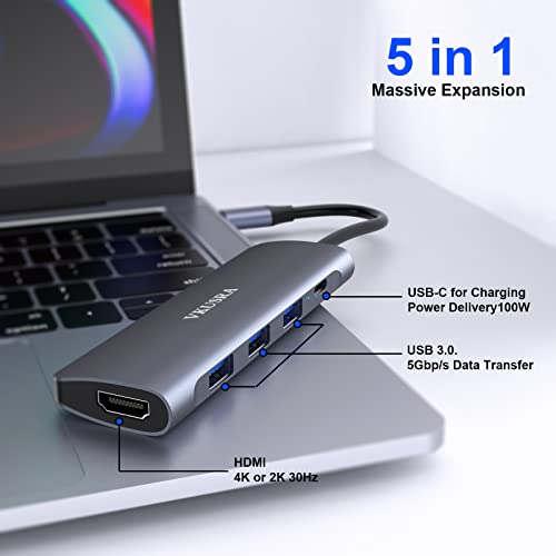 USB C Hub Multiport Adapter, VKUSRA 5 in 1 Dongle USB C to 4K HDMI, 3 USB 3.0 Port, 100W PD, USBC Adapter for MacBook, XPS, Laptop, PC, and More Type C Devices — view 2