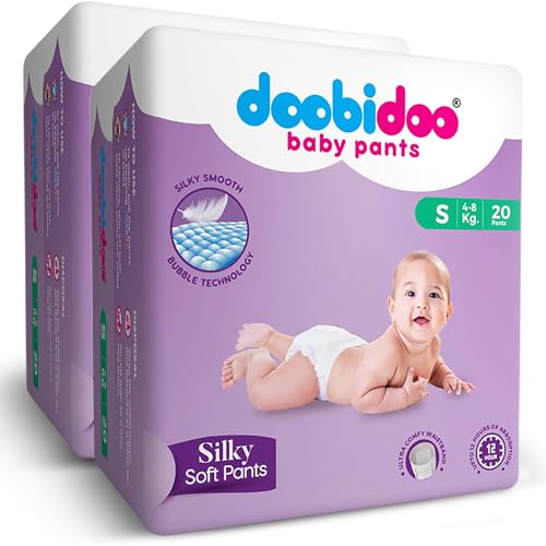 Image of Doobidoo Silky Soft Baby Pants Diapers - Small Size (Pack of 2, 40 Count) - All Round Softness with Bubble soft Top sheet and Anti leak side cuffs (4-8 kgs)